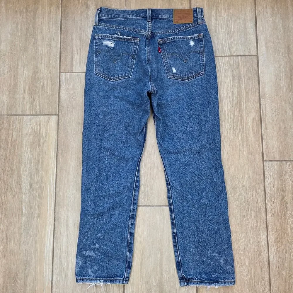 Levi's 501 Jeans Womens 27x26 Distressed Crop Button Fly Straight Leg Blue - Picture 14 of 16